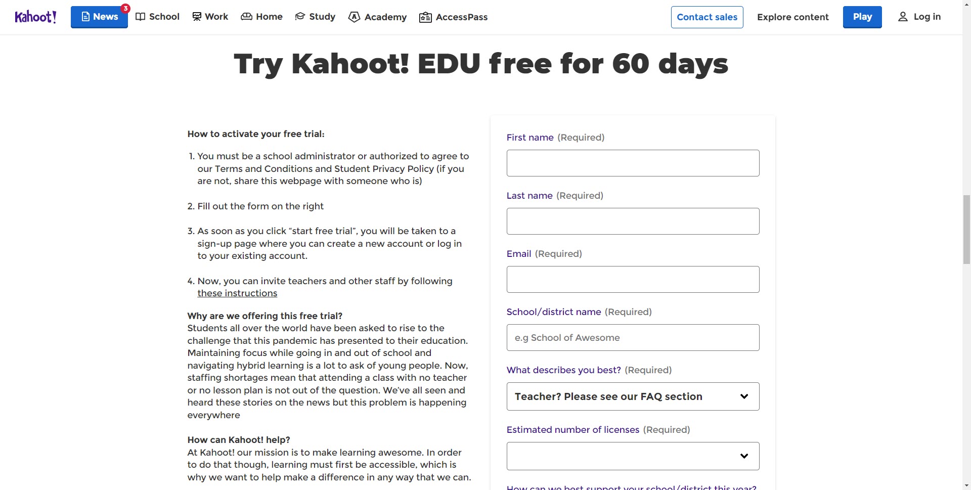 Akses Percuma Kahoot! EDU selama 60 Hari - Langkah 1